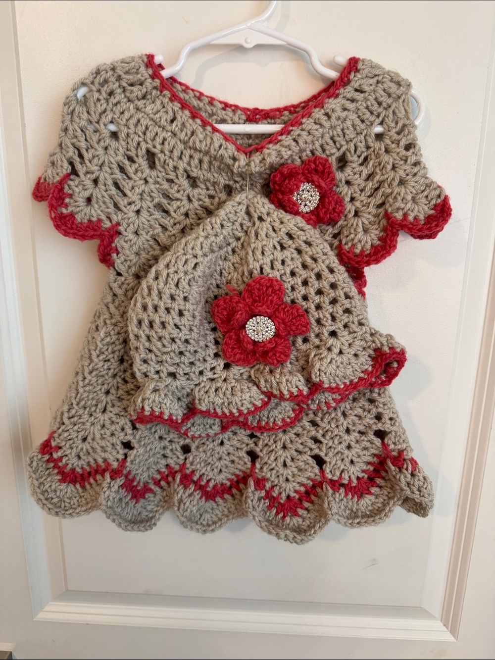 Handmade Crochet Kids Dress and Hat Set - Beige with Red Trim